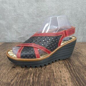 Fly London Ynes Wedges Sandals 37 6 Black Red Leather Perforated Open Toe Cutout